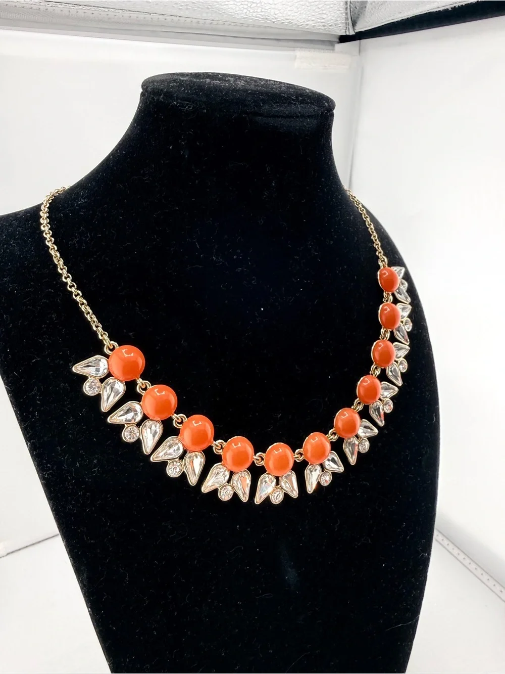 J. Crew Gold Chain Statement Necklace with Coral Red Beads